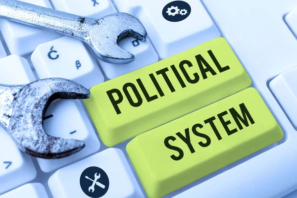 Text sign showing Political System, Business overview the process for making official government decisions