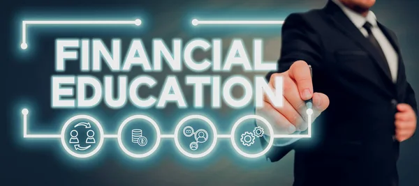 Szöveg Felirat Bemutatása Pénzügyi Képzés Business Showcase Megértése Monetáris Területek — Stock Fotó