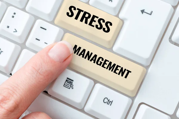 Znak Tekstowy Pokazujący Zarządzanie Stresem Słowo Określające Metodę Ograniczania Stresu — Zdjęcie stockowe