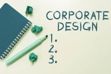 Kurumsal Tasarım sunan metin başlığı, Logonun resmi grafik tasarımı ve bir şirketin adı üzerine yazılmış Sözcük