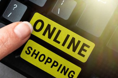 Çevrimiçi Alışveriş sunan metin başlığı, tüketiciye İnternet kullanarak mal satın alma olanağı sağlayan İş Genel Görünümü ekomerizasyonu