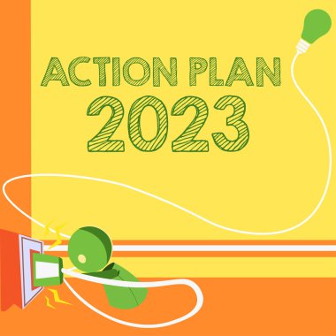 İşaret işareti olan Action Plan 2023 'ü gösteren ilham kaynağı, yapılacaklar listesi anlamına gelen kavram gelecek yıl yapılacak şeylerin sayısını içerir.