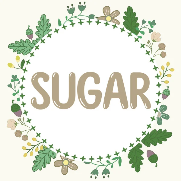 サトウキビなどの様々な植物から得られる甘い結晶性物質のための言葉であるシュガーを示すテキストサイン — ストック写真