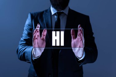 Merhaba, iş vitrinini selamlama ya da telefon görüşmesi için kullandığınızı gösteren bir metin işareti.
