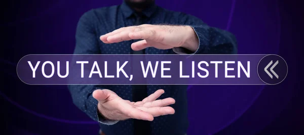 Kézírás Szöveg Beszélsz Hallgatjuk Üzleti Megközelítés Kétirányú Kommunikáció Motivációs Beszélgetés — Stock Fotó