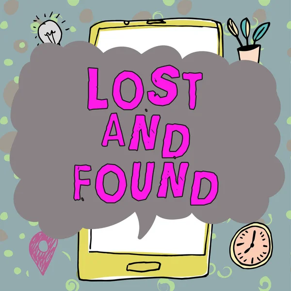 Sign displaying Lost And Found, Business idea Place where you can find forgotten things Search service