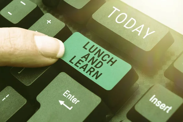 Legenda Texto Que Apresenta Almoço Aprender Visão Geral Negócio Coma — Fotografia de Stock