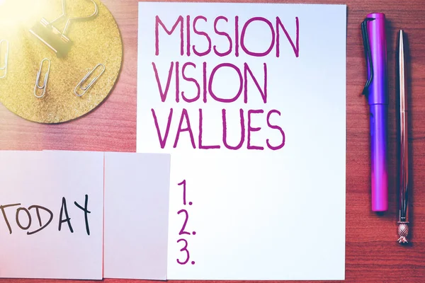 Exibição Conceitual Valores Visão Missão Conceito Que Significa Objetivo Perfil — Fotografia de Stock