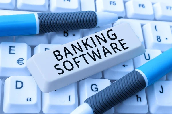 Handschrift Text Banksoftware Geschäftsübersicht Bezieht Sich Typischerweise Auf Kernbankensoftware Und — Stockfoto