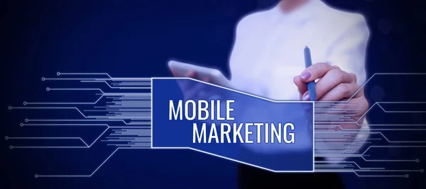 Skriva Visa Text Mobile Marketing Konceptuell Fotoreklam Som Främjar Produkter — Stockfoto