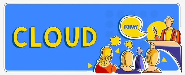 ายแสดง Cloud Word ยนบนการท างานของภาระงานจากระยะไกลผ านอ นเทอร ตในข การเช งพาณ — ภาพถ่ายสต็อก