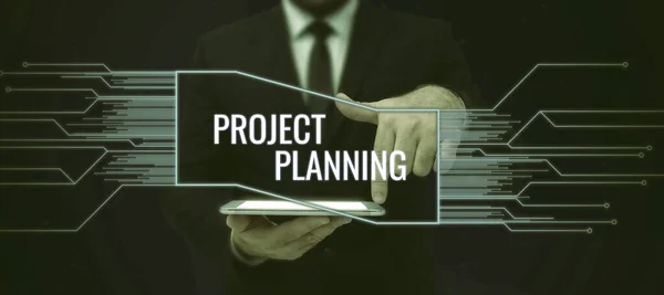 Logga Med Projektplanering Word För Plan Och Därefter Rapportera Framsteg — Stockfoto