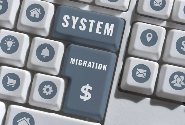 Sinal Escrita Manual Migração Sistema Vitrine Negócios Movendo Uso Ambiente — Fotografia de Stock