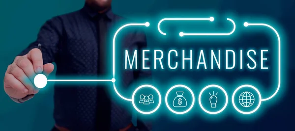 stock image Text sign showing Merchandise, Business showcase the commodities or goods that are bought and sold in business