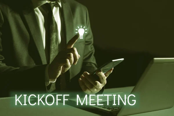 Tekst Bijschrift Presenteren Kickoff Meeting Concept Betekent Speciale Discussie Wettigheid — Stockfoto