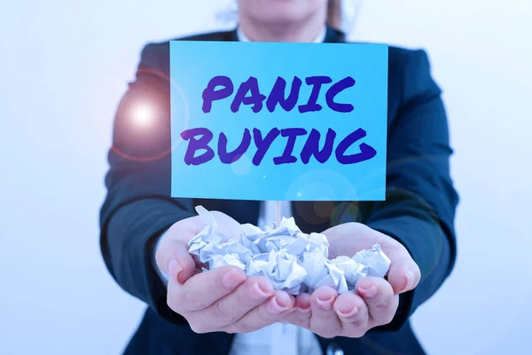Sign Exibindo Panic Buying Conceito Internet Comprar Grandes Quantidades Devido — Fotografia de Stock
