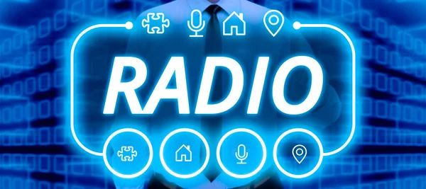 サインラジオを示すインスピレーション ビジネスは 音声メッセージを運ぶ送信受信電磁波を紹介 — ストック写真