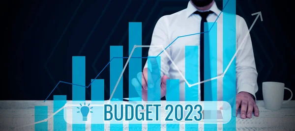 Inspiração Mostrando Sinal Orçamento 2023 Palavra Para Estimativa Receitas Despesas — Fotografia de Stock