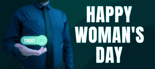 Semn Scriere Mâinilor Happy Womans Day Vitrină Afaceri Pentru Comemora — Fotografie, imagine de stoc