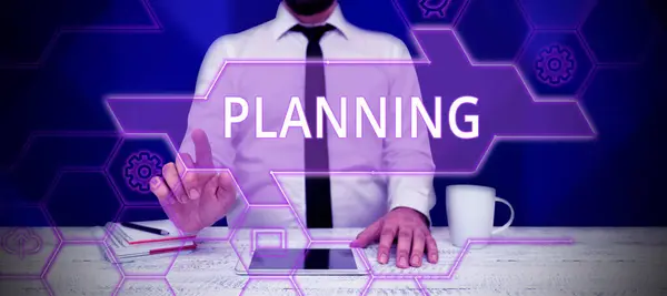 Konceptvisning Planering Affärsstrategi Tänka Aktiviteter Som Krävs För Att Uppnå — Stockfoto