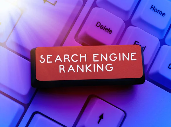 stock image Text caption presenting Search Engine Ranking, Business overview Rank at which site appears in the search engine query