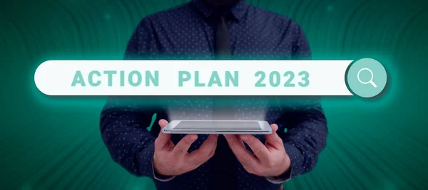 Χειρόγραφο Κείμενο Σχέδιο Δράσης 2023 Επιχειρηματική Έννοια Πρόκληση Ιδέες Στόχοι — Φωτογραφία Αρχείου