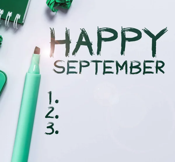 Znak Pisma Ręcznego Happy September Słowo Napisane Powitanie Radość Może — Zdjęcie stockowe