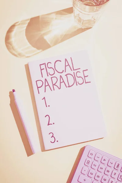 Text Sign Showing Fiscal Paradise Business Concept Tax Development Rates — Stock Photo, Image