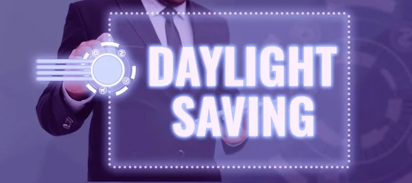 Legenda Conceitual Daylight Saving Business Approach Turning Clock Ahead Warmer — Fotografia de Stock