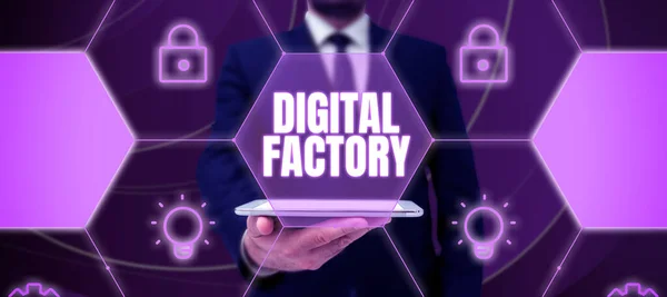 Text sign showing Digital Factory, Internet Concept uses digital technology to operate the manufacturing process