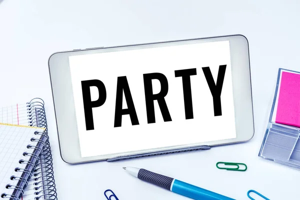 Testo Didascalia Che Presenta Party Business Approccio Sociale Raduno Invitati — Foto Stock