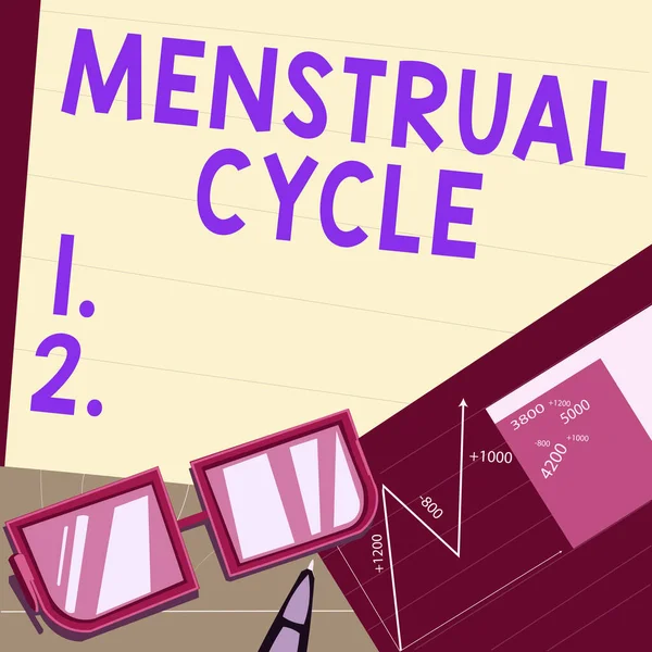 月経周期を示すテキスト記号 単語卵巣と子宮ライニングの変化の毎月のサイクルに書かれました — ストック写真
