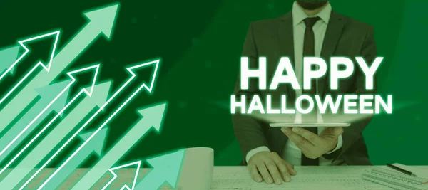 Handgeschriebenes Schild Happy Halloween Internet Konzept Abend Vor Den Christlichen — Stockfoto