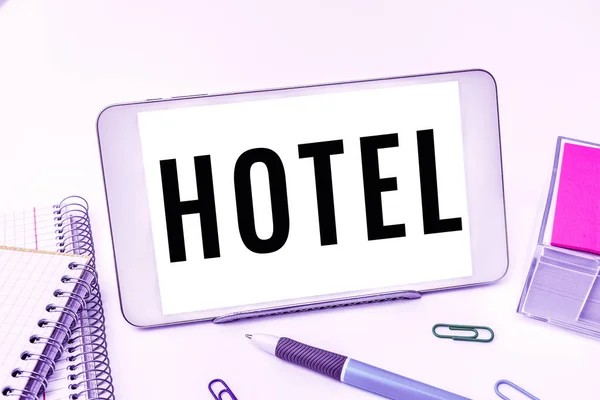 Texto Escritura Mano Hotel Establecimiento Escaparate Negocios Que Ofrece Servicios — Foto de Stock