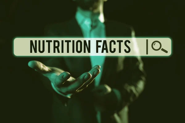 栄養の事実を示すテキスト記号 食品に関する概念的な写真の詳細情報は 栄養素含有量です — ストック写真