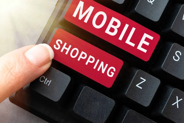 Teksten Weergeven Mobile Shopping Business Idee Handel Goederen Diensten Draadloze — Stockfoto