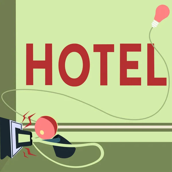 手書きのテキストホテル ビジネス概要旅行者のための宿泊施設食事サービスを提供する設立 — ストック写真