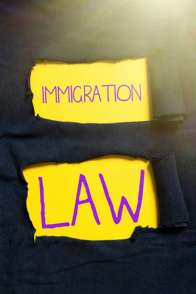 Assinatura Exibindo Lei Imigração Palavra Escrito Estatutos Nacionais Precedentes Legais — Fotografia de Stock