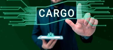 Kargo, iş fikri, ticari malların bir gemi uçağı ve araçla taşındığını gösteren bir tabela.