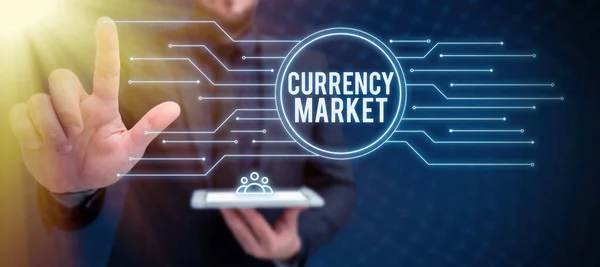 通貨市場を示すインスピレーション 通貨の取引のためのカウンターマーケット上の概念 — ストック写真