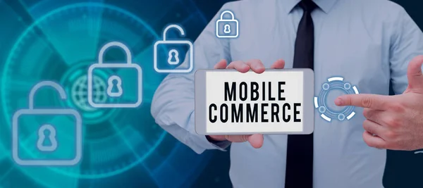 Tekstbord Met Mobile Commerce Business Idee Alle Online Commerciële Transacties — Stockfoto