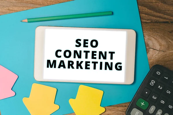 Tekst Bijschrift Presenteren Seo Content Marketing Concept Betekent Publicatie Van — Stockfoto