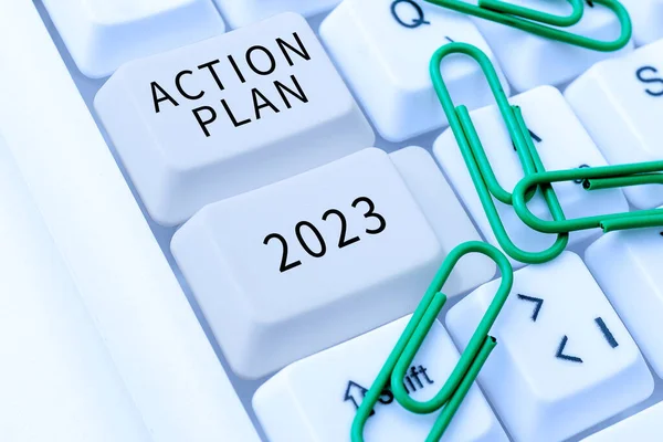Texto Que Presenta Plan Acción 2023 Enfoque Empresarial Desafío Ideas —  Fotos de Stock