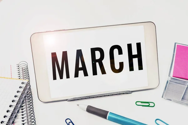 Metin Işareti Mart Genel Bakışını Gösteriyor Lkbaharın Başladığı Üçüncü Kararlılıkla — Stok fotoğraf