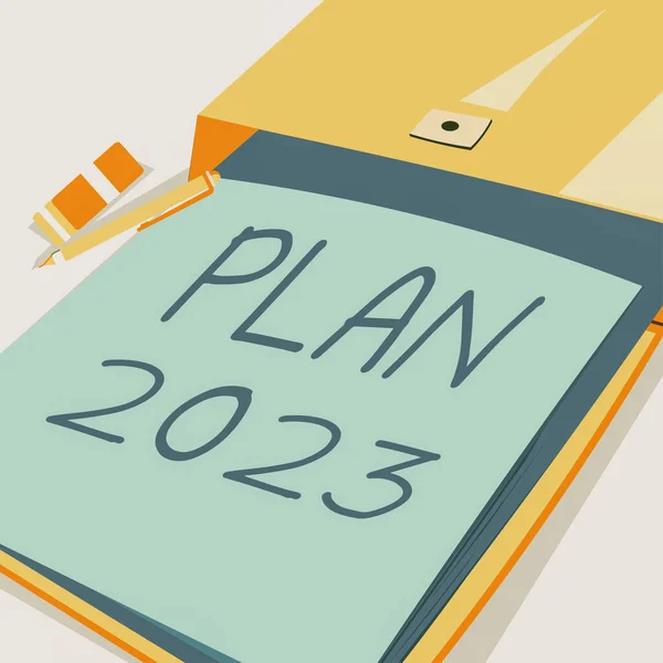 显示2023计划的文字标志 写有关于明年做或完成某事的详细建议的文字 — 图库照片