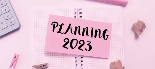 Подпись Текстом Planning 2023 Business Idea Begin End Mind Positioning — стоковое фото
