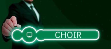 Koro ve iş yaklaşımını gösteren metin işareti. Bir grup şarkı söylemek için organize olmuş.