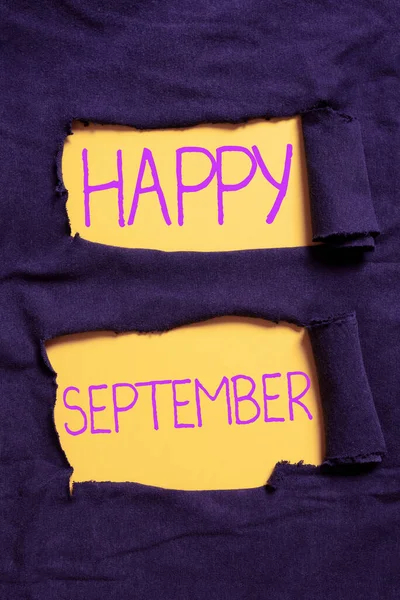 Señal Que Muestra Feliz Septiembre Palabra Escrito Bienvenida Alegría Puede —  Fotos de Stock