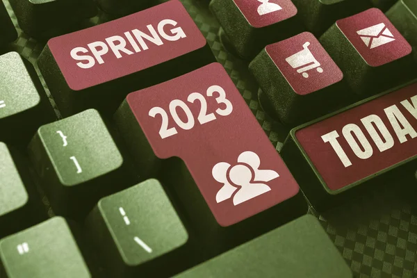 Skylt Som Visar Våren 2023 Konceptuell Fototid Året Där Blommor — Stockfoto