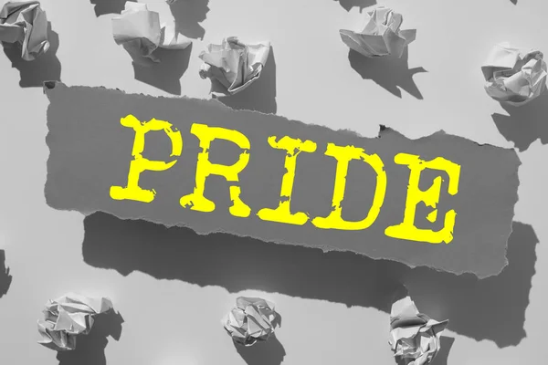 Skriva Visa Text Pride Begreppet Känsla Djup Njutning Tillfredsställelse Härrör — Stockfoto